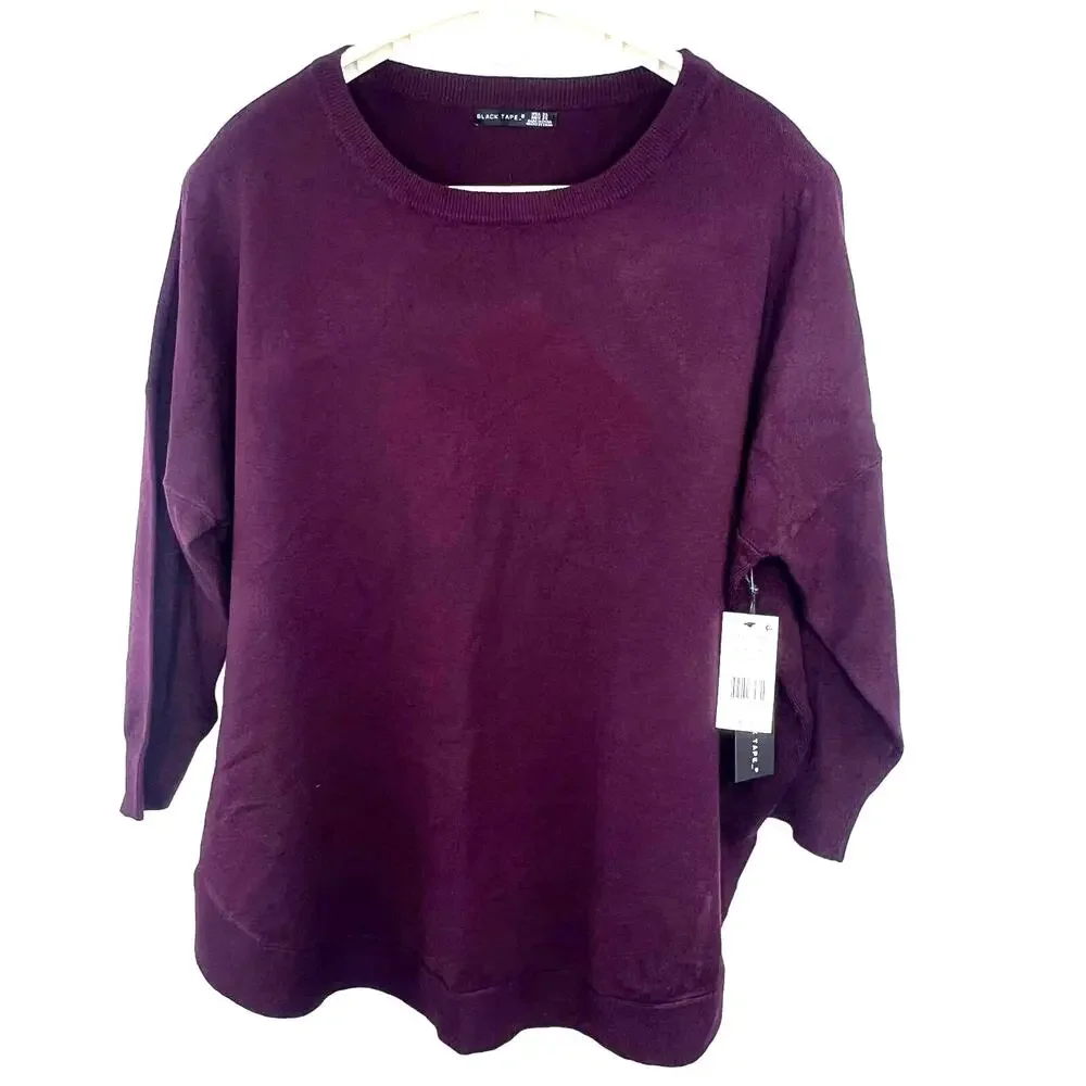 Black Tape_ Size 2X Burgundy Round Neck Long Sleeve Cuffed Stretch Sweater